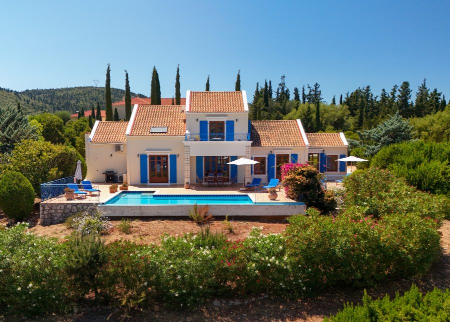 Aerial view of Villa Dolicha and its pool above the sea near Fiskardo, Kefalonia